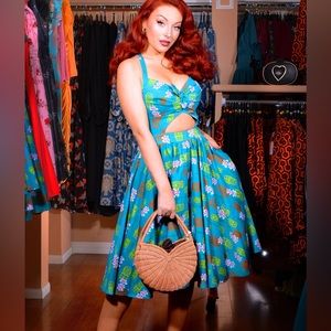 Pinupgirl Clothing - Renee Swing Dress in Teal Monster Tiki Print - sz medium